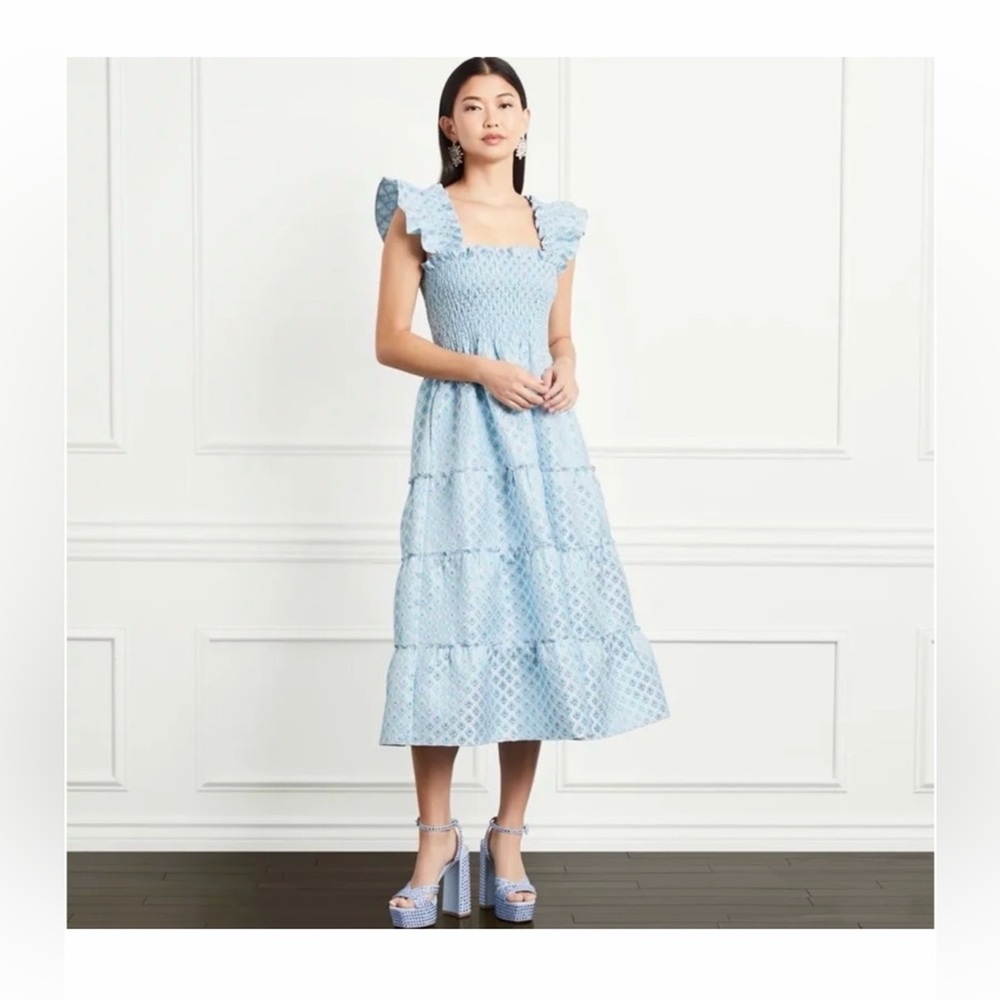🔥NWT Hill House Blue Snowflake Brocade Smocked Dress - Picture 2 of 10